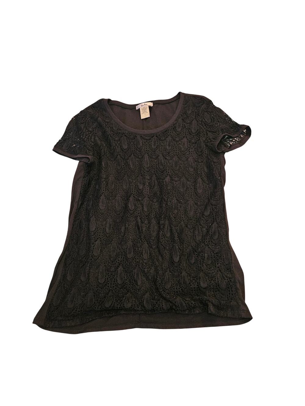 Isela Women’s Black Lace Front Top Medium Short Sleeve Sheer Overlay Blouse